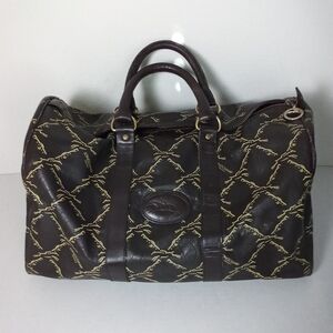 Longchamp Large Boston Bag Weekender Dark Brown Leather Tan Horses EUC Quiet Lux